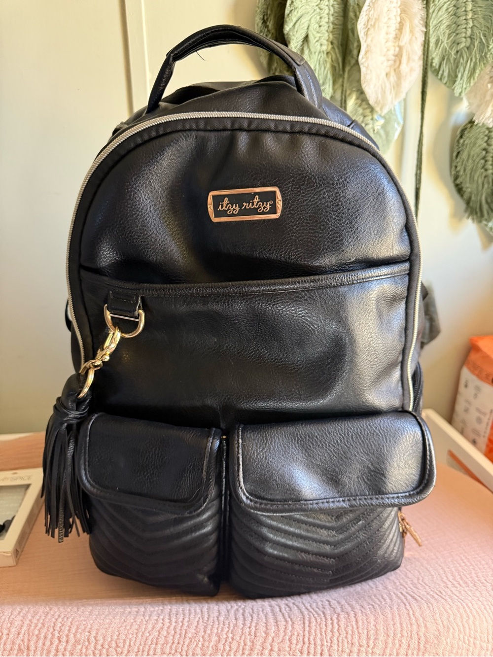 Itzy Ritzy Black Faux-Leather Backpack with Tassel
